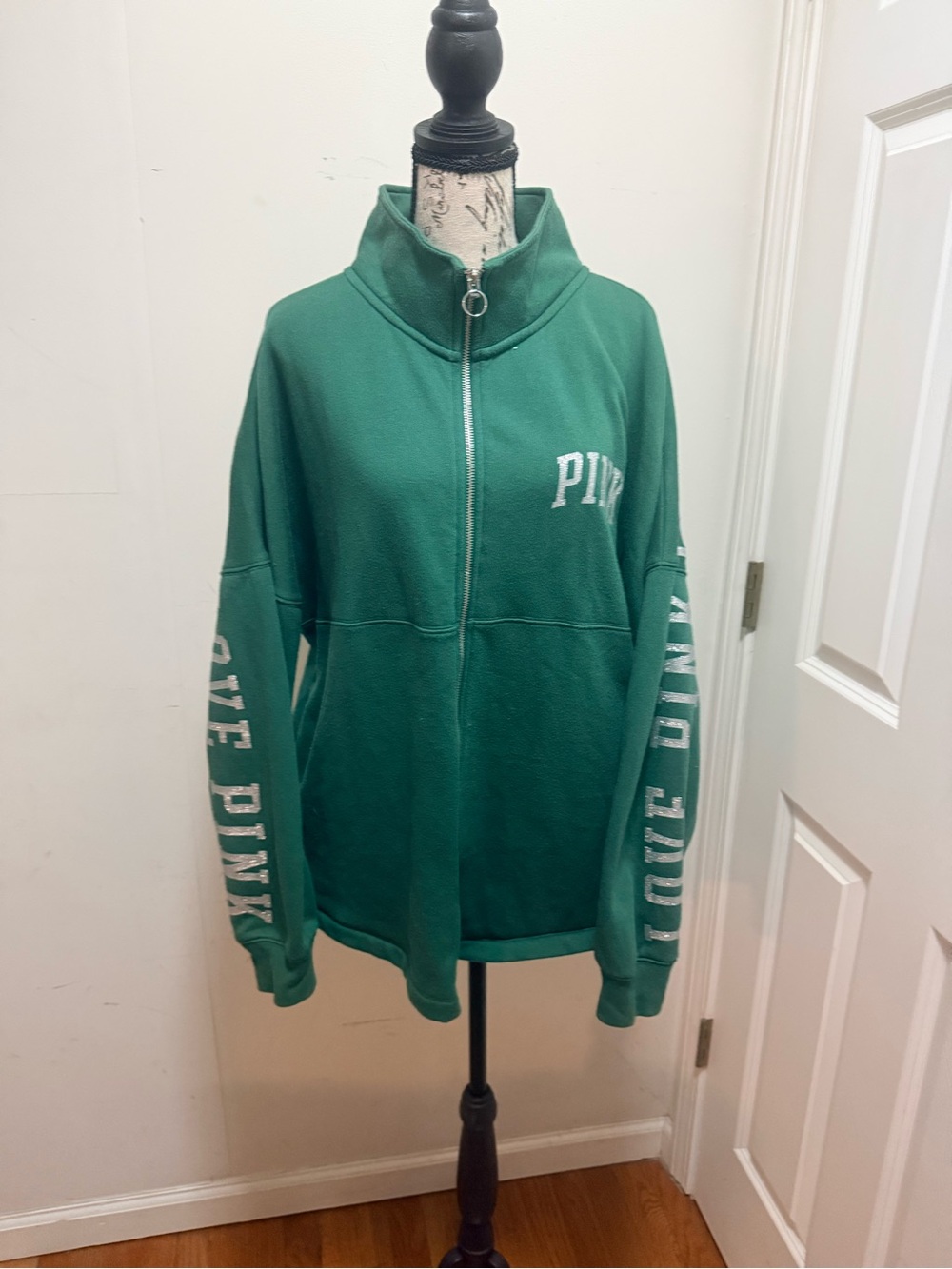 PINK Victoria's Secret Forest Green Full-Zip Funnel Neck Sweater